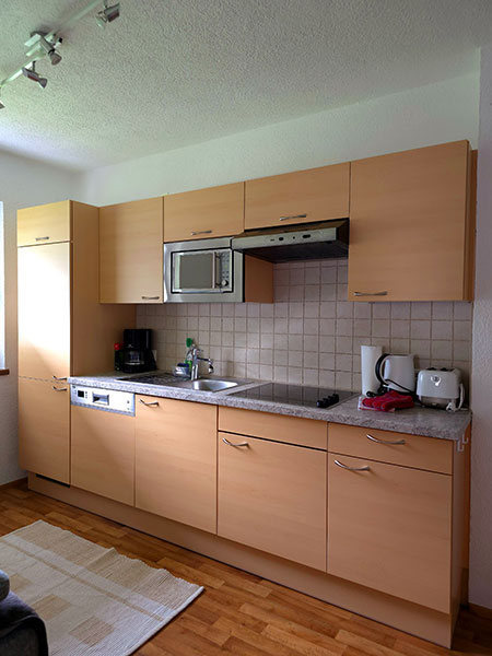 Kitchen with cooker, dishwasher, microwave, ventilation, toaster, kettle, coffee machine and the best equipment such as crockery, towels and more